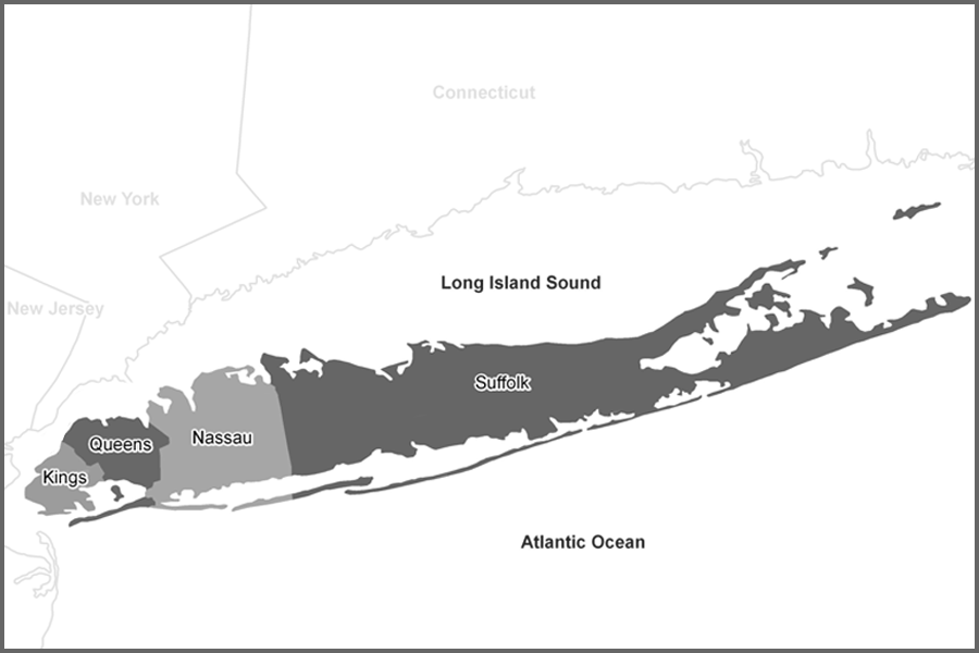 Nassau, Suffolk, Brooklyn (Kings), and Queens